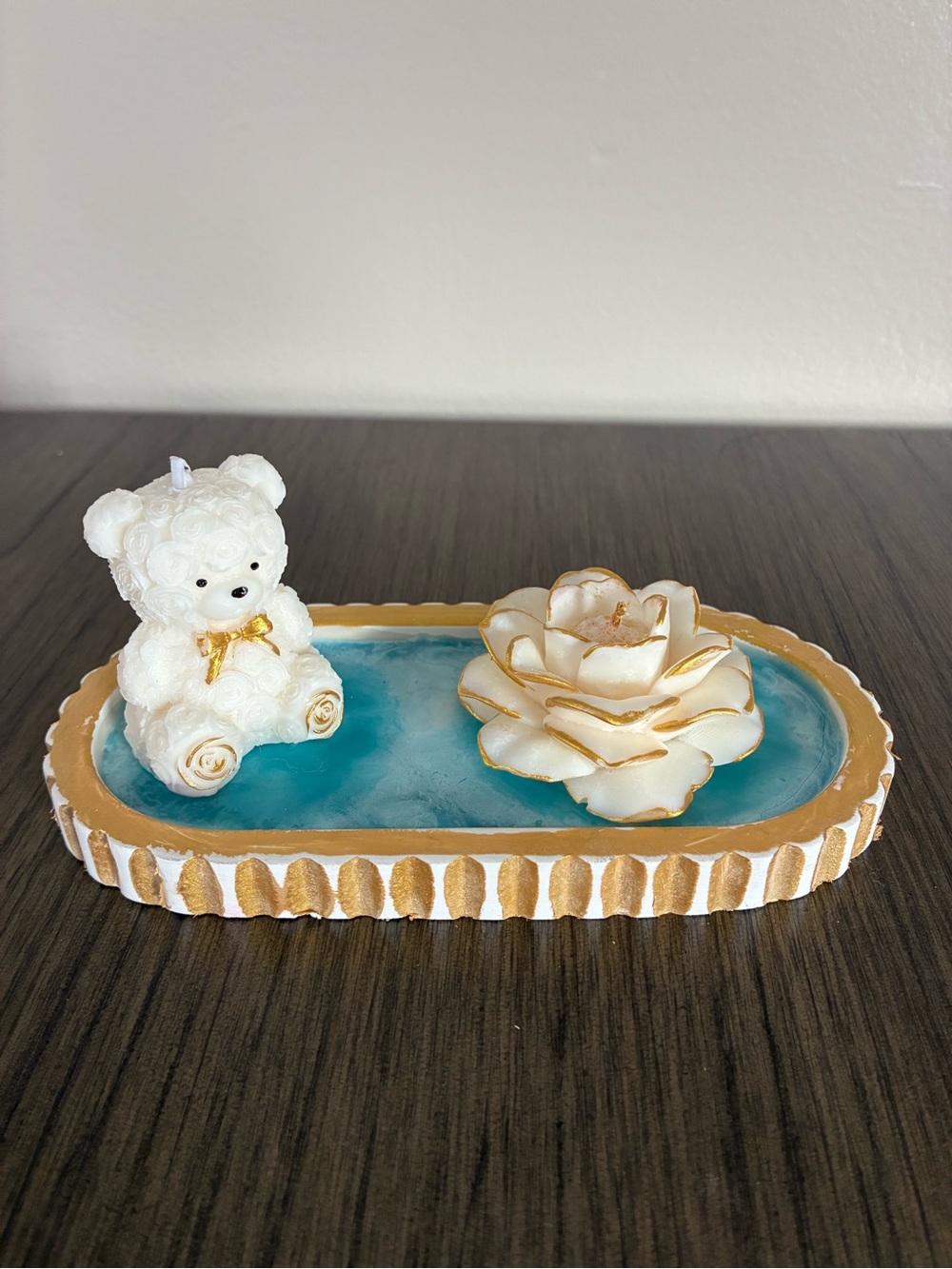 White Teddy Bear & Flower Decorative Candle Tray - Blue Accent